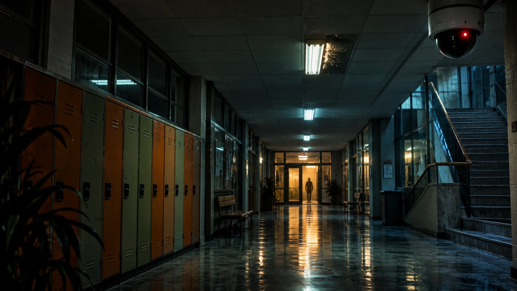 Illustrated school corridor at midnight with a surveillance camera and a distant shadow